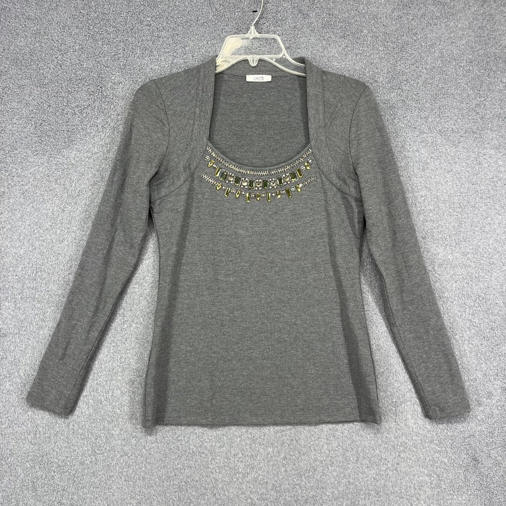 Cache Embellished Top Women Medium Gray Crystal Neck Glam Office Siren